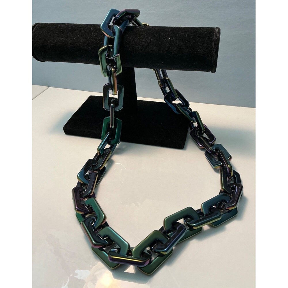 New Women Black Iridescent Chunky Square Chain Necklace Lightweight 24 Inches